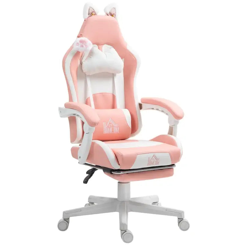 HOMCOM Cat Ear and Paw Reclining Office Chair, with Footrest - Pink/White