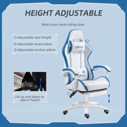 Vinsetto Gaming Chair, Computer Gamer Chair with Reclining High Back, Headrest, Lumbar Support, Footrest, Swivel Wheels, PU Leather, Adjustable Height for Home, White and Blue