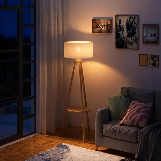 HOMCOM Tripod Floor Lamp, Freestanding Bedside Light Reading Light with Storage Shelf and Linen Shade for Living Room Bedroom, 154cm, Cream