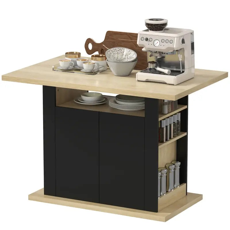 HOMCOM Kitchen Island with Spice Rack, Kitchen Storage with Large Tabletop for 4 People, Adjustable Shelves Black & Natura