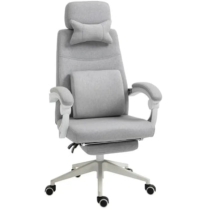 Vinsetto Office Chair, High Back Fabric Work Chair with 160° Reclining Backrest, Retractable Footrest, Neck and Lumbar Pillow, Light Grey