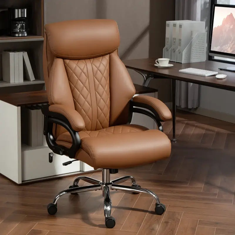 HOMCOM Spring Padded Faux Leather Office Chair with Super Padded, Reclining Office Chair - Light Brown