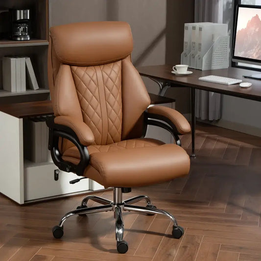 HOMCOM Spring Padded Faux Leather Office Chair with Super Padded, Reclining Office Chair - Light Brown