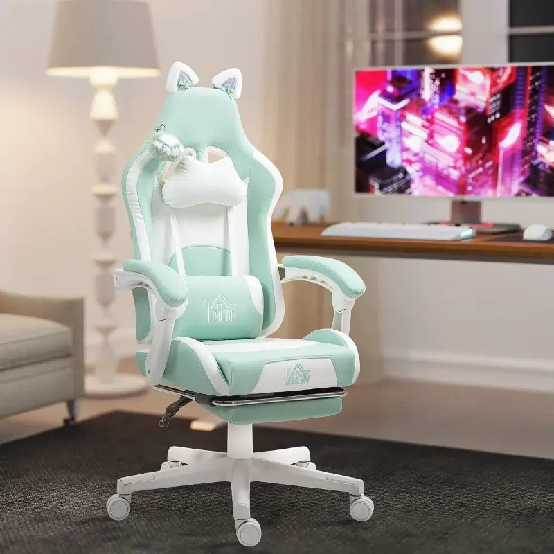 HOMCOM Cat Ear and Paw Reclining Office Chair, with Footrest - Light Blue/White