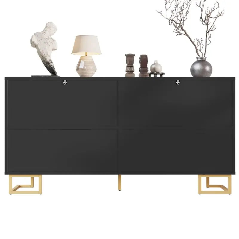 Stylish Sideboard with 2 Doors, 4 Shelves and Geometric Door Design, Durable Cabinet with Slim Metal Feet, 152L x 40W x 75H cm, Black