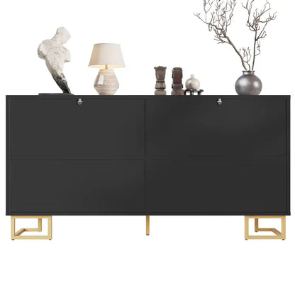 Stylish Sideboard with 2 Doors, 4 Shelves and Geometric Door Design, Durable Cabinet with Slim Metal Feet, 152L x 40W x 75H cm, Black