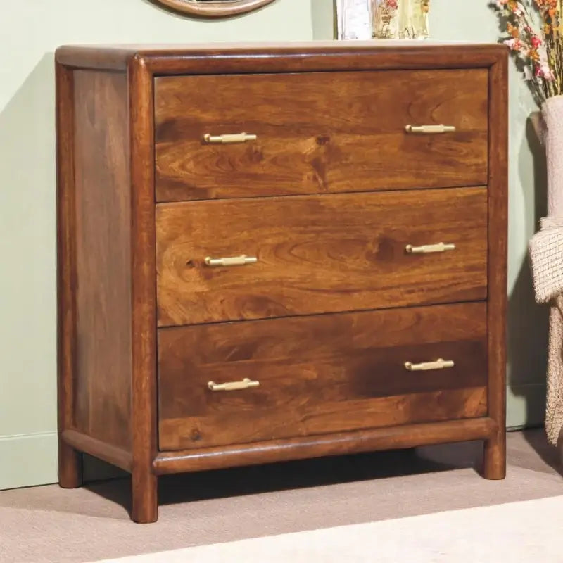 Solid Wood Regency 3-Drawer Chest with Generous Organisation and Elegant Circular Silhouette, Table for Living Room, 35L x 75W x 80H cm, Brown