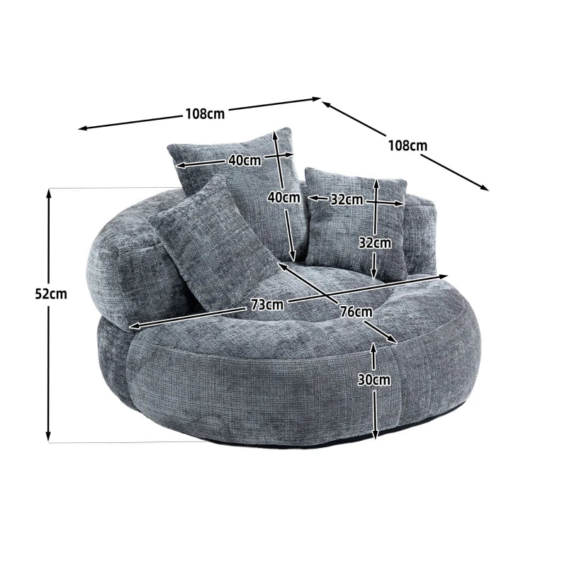 Chenille Bean Bag Chair with Memory Foam Filling, High Back Lounger with Three Pillows for Adults and Kids, 108L x 108W x 52H cm, Gray