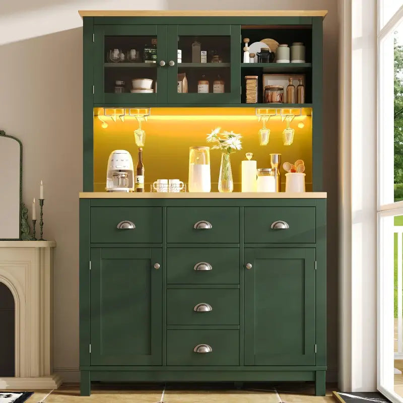 Farmhouse Style Sideboard with Spacious Shelves and Drawers, Versatile Storage Cabinet with Drink Holders, 104L x 40W x 180H cm, Green