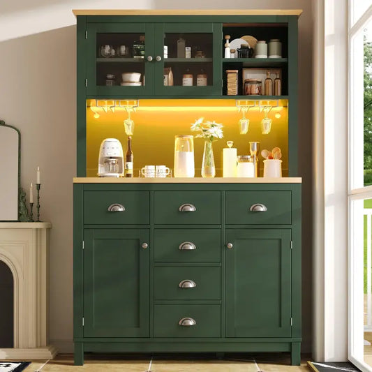 Farmhouse Style Sideboard with Spacious Shelves and Drawers, Versatile Storage Cabinet with Drink Holders, 104L x 40W x 180H cm, Green