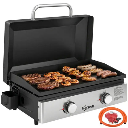 Outsunny 2 Burner Grill Griddle, Portable Gas Plancha, 6 kW, Tabletop Gas BBQ with Grease Cup for Camping Picnic Patios, Black