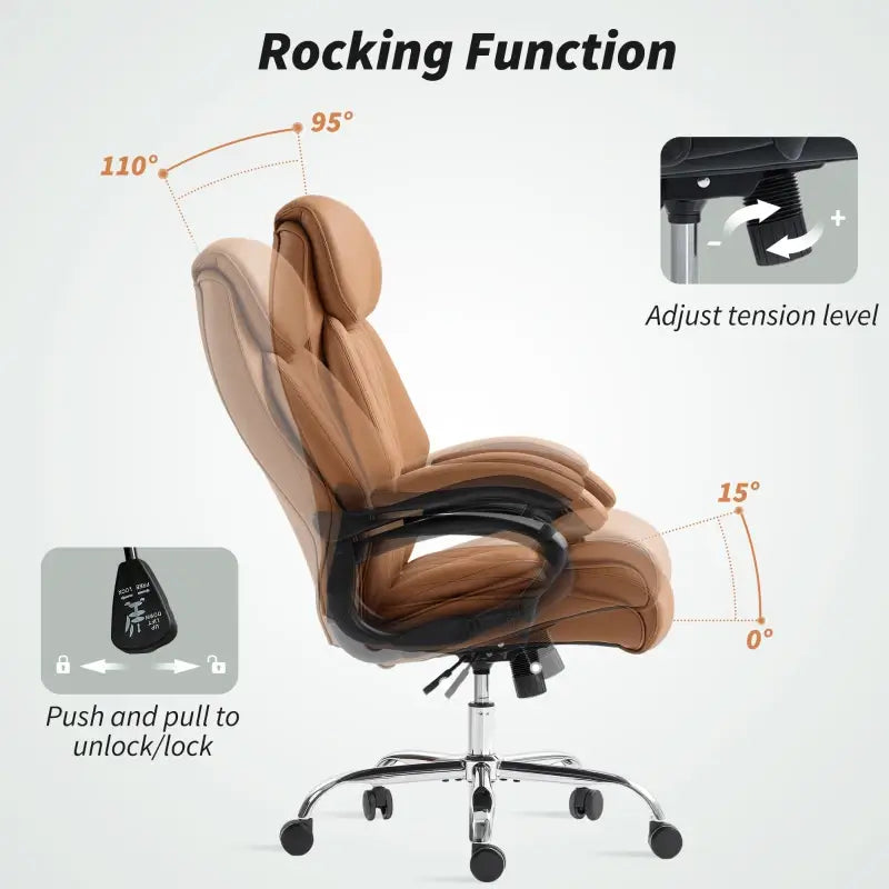 HOMCOM Spring Padded Faux Leather Office Chair with Super Padded, Reclining Office Chair - Light Brown