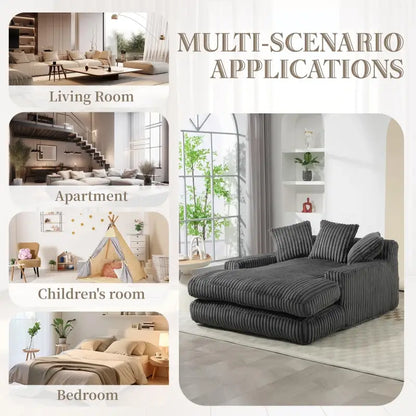 Oversized Chaise Longue Sofa with 3 Throw Cushions and Wide Armrests, Chair with Shredded Memory Foam Seat, 155L x 125W x 63H cm, Dark Gray