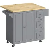 HOMCOM Kitchen Island on Wheels, Rolling Kitchen Storage Trolley with Drop Leaf, Drawers, Towel and Spice Rack, Grey