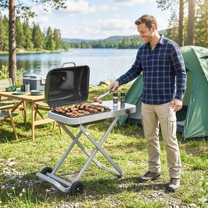 Outsunny Foldable Gas BBQ Grill with Side Table, Portable Gas Barbecue Grill with Thermometer, Grease Box, Wheels, 2.5 kW, Black