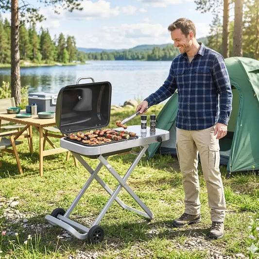 Outsunny Foldable Gas BBQ Grill with Side Table, Portable Gas Barbecue Grill with Thermometer, Grease Box, Wheels, 2.5 kW, Black