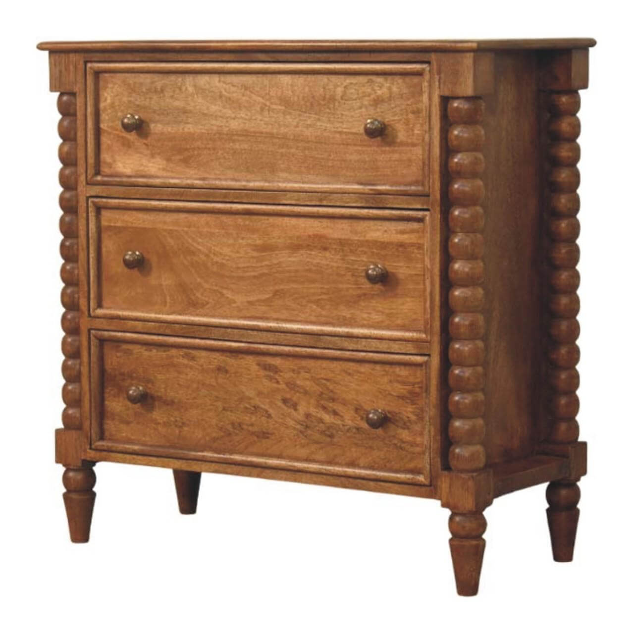 Solid Mango Wood Spindle Chest with 3 Drawers and Turned Spindle Legs, Bedside Cabinet with Ample Storage, 35L x 80W x 80H cm, Brown