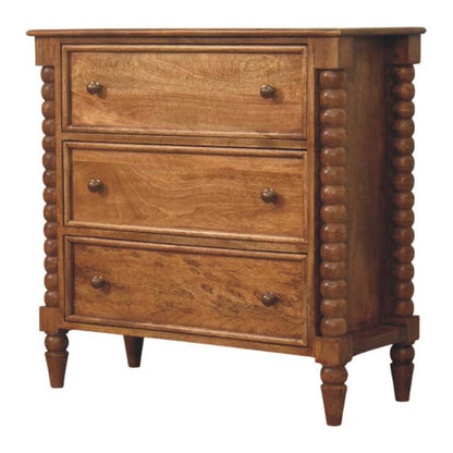 Solid Mango Wood Spindle Chest with 3 Drawers and Turned Spindle Legs, Bedside Cabinet with Ample Storage, 35L x 80W x 80H cm, Brown
