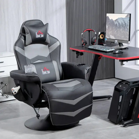 HOMCOM Small Leather Gaming Massage Recliner Chair with Ergonomic High Back Retractable Footrest Headrest Work Break Grey