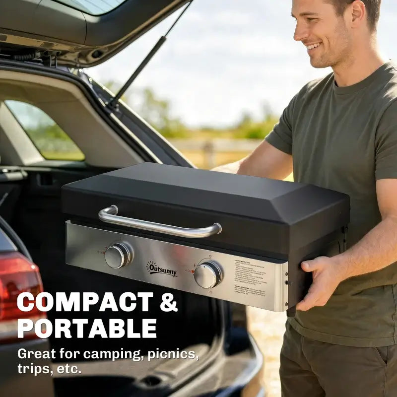 Outsunny 2 Burner Grill Griddle, Portable Gas Plancha, 6 kW, Tabletop Gas BBQ with Grease Cup for Camping Picnic Patios, Black