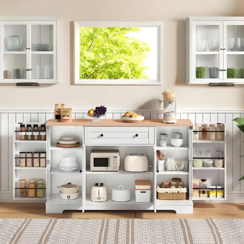 Multifunctional Kitchen Sideboard with Double-Door Compartment, Spacious Cabinet with Adjustable Shelves, 138L x 40W x 85H cm, Natural+White