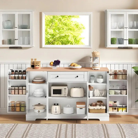 Multifunctional Kitchen Sideboard with Double-Door Compartment, Spacious Cabinet with Adjustable Shelves, 138L x 40W x 85H cm, Natural+White