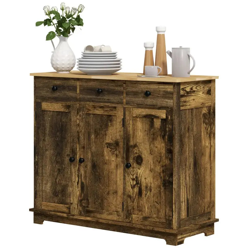 HOMCOM Sideboard with Rubberwood Top and Adjustable Shelves for Dining Room, Kitchen - Rustic Brown