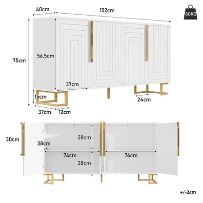 Stylish Sideboard with 2 Doors, 4 Shelves and Geometric Door Design, Durable Cabinet with Slim Metal Feet, 152L x 40W x 75H cm, White