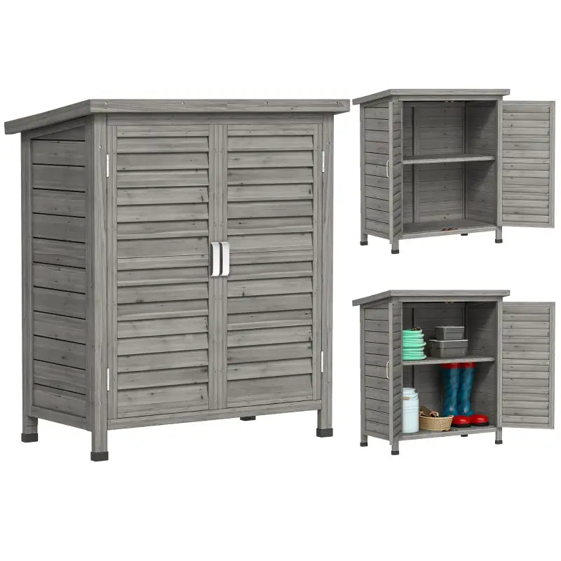 Outsunny Garden Shed Wooden Garden Storage Shed 2 Door Unit Solid Fir Wood Garage Tool Organisation Cabinet, 87L x 46.5W x 96.5Hcm, Grey