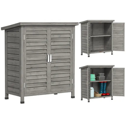 Outsunny Garden Shed Wooden Garden Storage Shed 2 Door Unit Solid Fir Wood Garage Tool Organisation Cabinet, 87L x 46.5W x 96.5Hcm, Grey