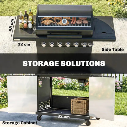 Outsunny 6+1 Burner Gas BBQ Grill, Outdoor Barbecue Trolley with Wheels, Warming Rack, Thermometer, Bottle Opener, Black