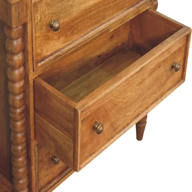 Solid Mango Wood Spindle Chest with 3 Drawers and Turned Spindle Legs, Bedside Cabinet with Ample Storage, 35L x 80W x 80H cm, Brown