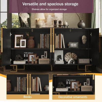 Stylish Sideboard with 2 Doors, 4 Shelves and Geometric Door Design, Durable Cabinet with Slim Metal Feet, 152L x 40W x 75H cm, Black