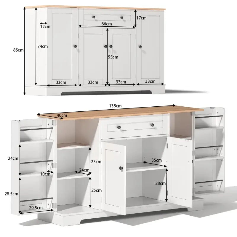 Multifunctional Kitchen Sideboard with Double-Door Compartment, Spacious Cabinet with Adjustable Shelves, 138L x 40W x 85H cm, Natural+White
