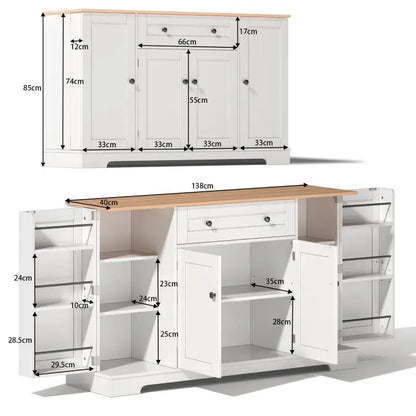 Multifunctional Kitchen Sideboard with Double-Door Compartment, Spacious Cabinet with Adjustable Shelves, 138L x 40W x 85H cm, Natural+White