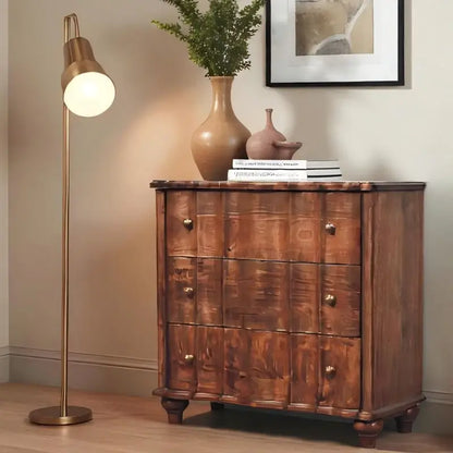 Solid Mango Wood Chest of Drawers with 3 Spacious Drawers and Turned Legs, Bedside Cabinet for Living Room, 40L x 85W x 83H cm, Brown