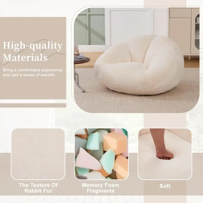 Shell-Shaped Bean Bag Chair with High-Rebound Memory Foam Filling, Ergonomic Floor Lounger with Faux Fur Removable Cover, 100L x 90W x 57H cm, Beige
