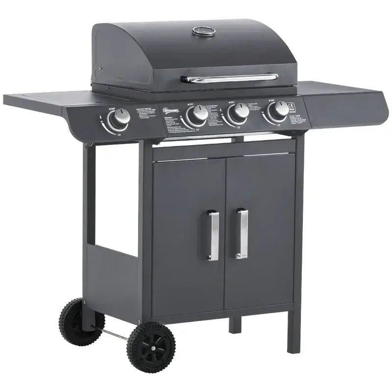 Outsunny 4+1 Burner Gas BBQ Grill, Outdoor Barbecue Trolley with Wheels, Warming Rack, Side Shelves, Cabinet, Thermometer for Garden, Party, Camping, 125 L x 51 W x 100 H cm, Black