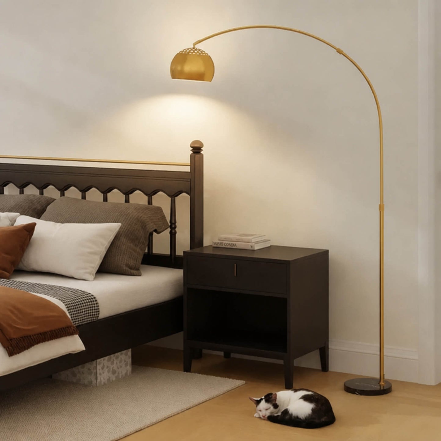 HOMCOM 167cm Arc Floor Lamp for Living Room, Modern Adjustable Standing Lamp with Foot Switch, Faux Black Marble Base and Bell Shade for Home Offices, Bedrooms, Gold Tone