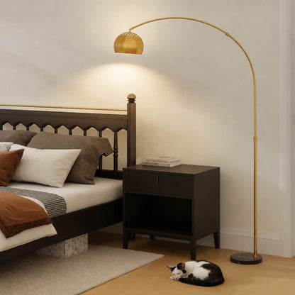 HOMCOM 167cm Arc Floor Lamp for Living Room, Modern Adjustable Standing Lamp with Foot Switch, Faux Black Marble Base and Bell Shade for Home Offices, Bedrooms, Gold Tone