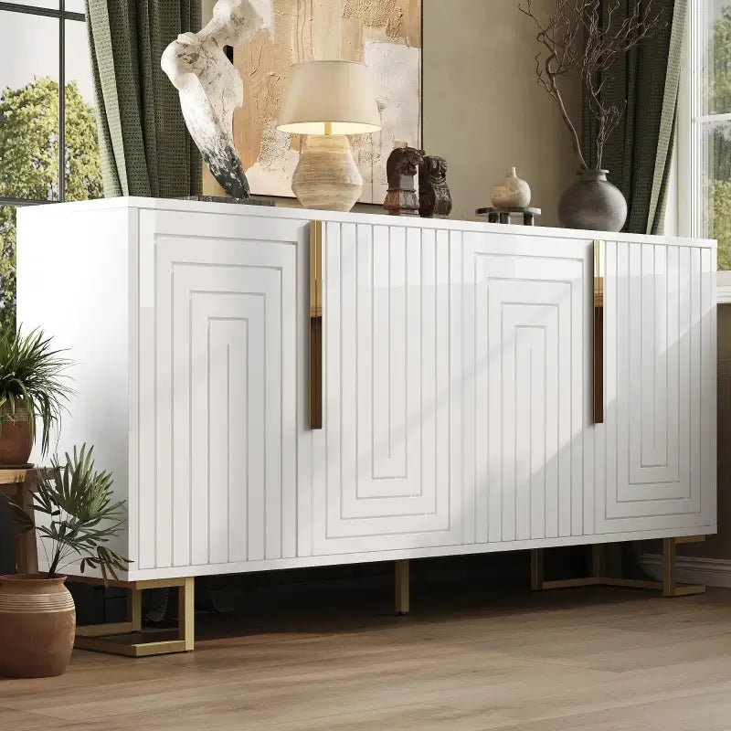 Stylish Sideboard with 2 Doors, 4 Shelves and Geometric Door Design, Durable Cabinet with Slim Metal Feet, 152L x 40W x 75H cm, White