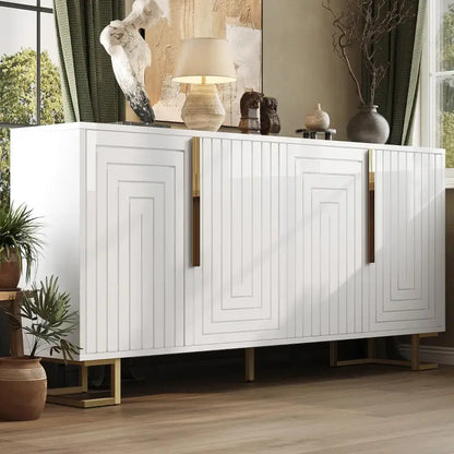 Stylish Sideboard with 2 Doors, 4 Shelves and Geometric Door Design, Durable Cabinet with Slim Metal Feet, 152L x 40W x 75H cm, White