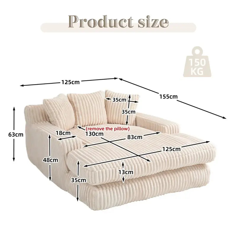 Oversized Chaise Longue Sofa with 3 Throw Cushions and Wide Armrests, Chair with Shredded Memory Foam Seat, 155L x 125W x 63H cm, Beige