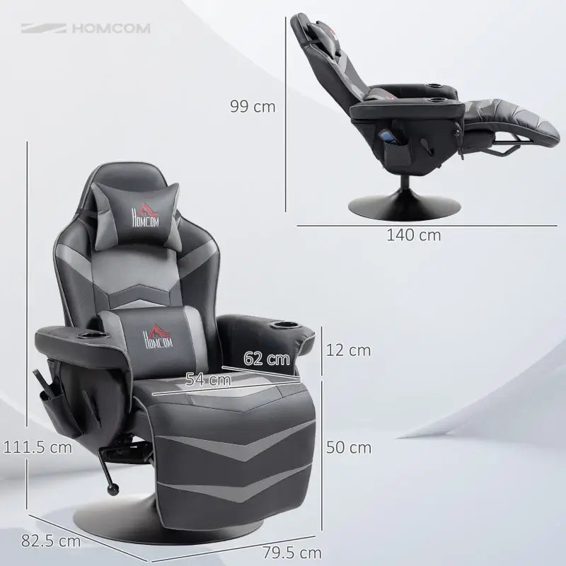 HOMCOM Small Leather Gaming Massage Recliner Chair with Ergonomic High Back Retractable Footrest Headrest Work Break Grey