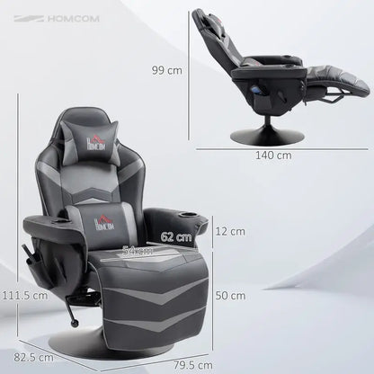 HOMCOM Small Leather Gaming Massage Recliner Chair with Ergonomic High Back Retractable Footrest Headrest Work Break Grey