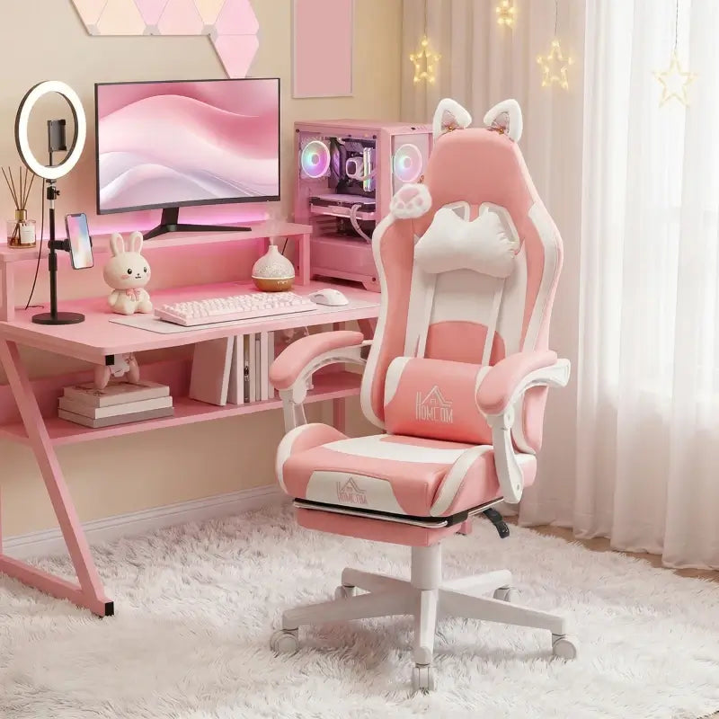 HOMCOM Cat Ear and Paw Reclining Office Chair, with Footrest - Pink/White