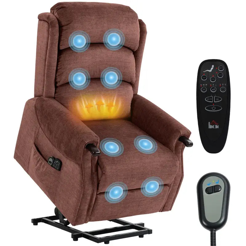 HOMCOM Power Lift Recliner with Vibration Massage and Heat, Lift Chair for Tall with Wood Grip, Pocket Spring, Brown
