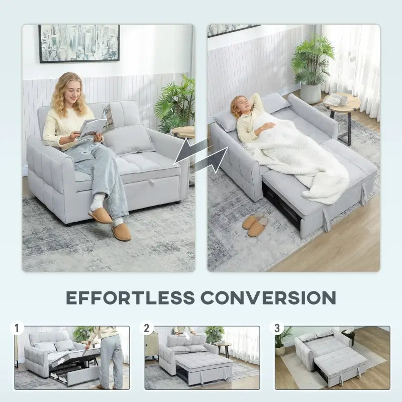 HOMCOM 2 Seater Sofa Bed, 3-in-1 Convertible Sleeper Sofa with Click-clack Adjustable Backrest and 2 Pillows, Light Grey