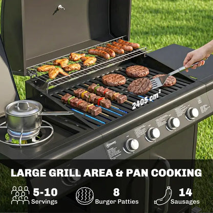 Outsunny 4+1 Burner Gas BBQ Grill with Storage Cabinet, 15.2 kW Gas Barbecue Trolley with Side Table, 4 Wheels, Warming Rack
