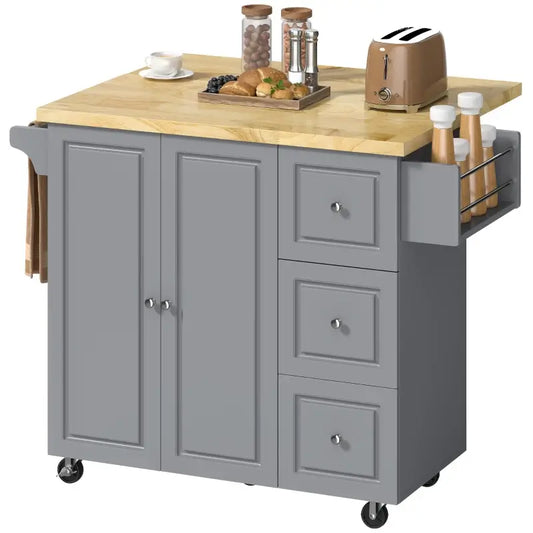 HOMCOM Kitchen Island on Wheels, Rolling Kitchen Storage Trolley with Drop Leaf, Drawers, Towel and Spice Rack, Grey